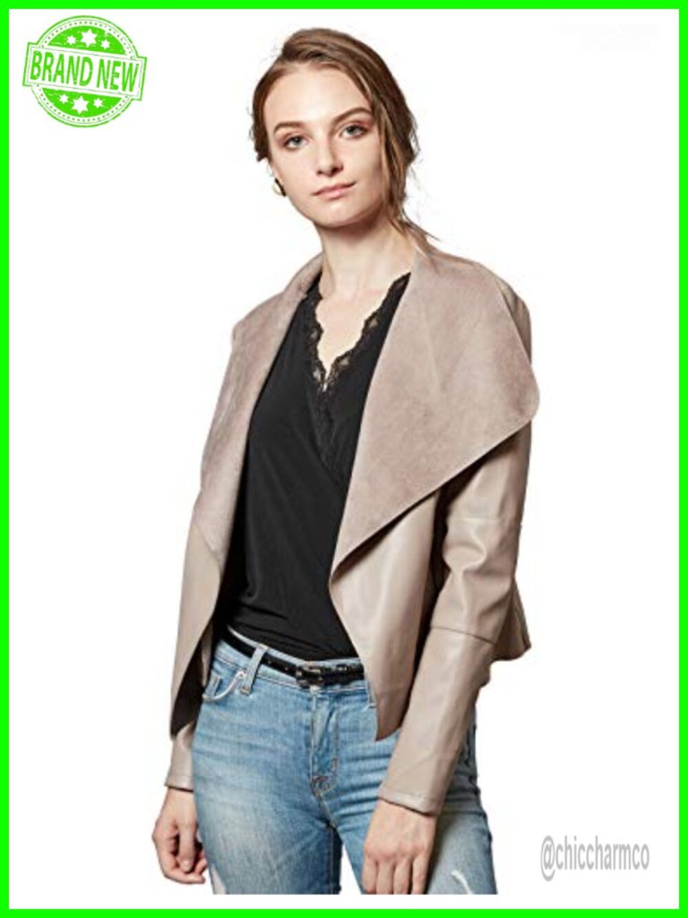 Faux Leather Open Front Slim Fit Blazer Jacket Lapel Collar Women's